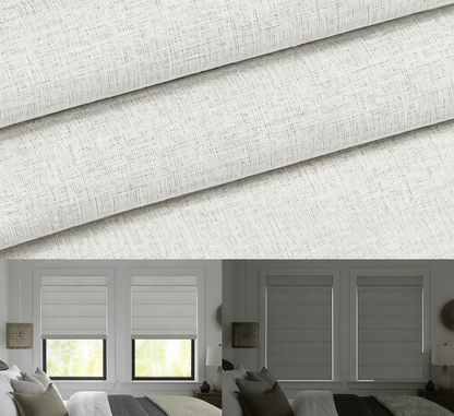 The top half shows a close-up of a light beige textured fabric with diagonal folds. The bottom half shows the fabric installed as roller blinds in a modern, neutral-toned bedroom with three windows.