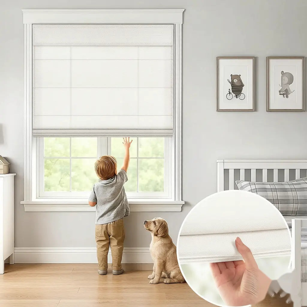 A white roller blind installed on a window in a bright nursery, with a child reaching up to adjust it and a dog sitting nearby. A circular inset shows a close-up of the white fabric texture.