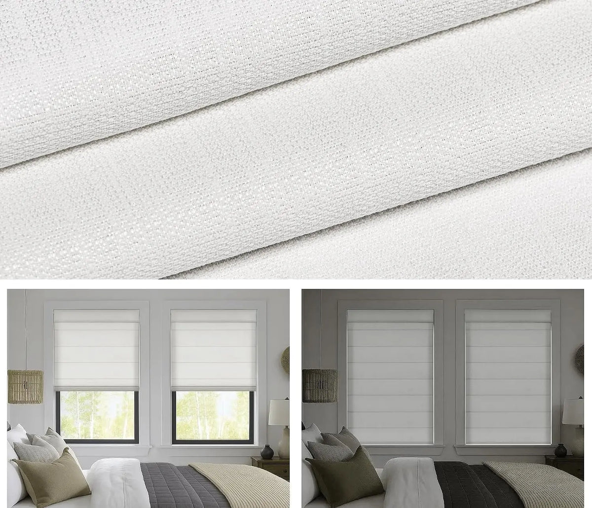 White textured roller blind fabric shown in a close-up texture view and installed in a modern bedroom setting with two side-by-side room views.