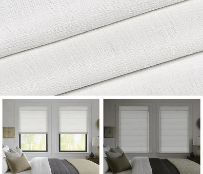 White textured roller blind fabric shown in a close-up texture view and installed in a modern bedroom setting with two side-by-side room views.