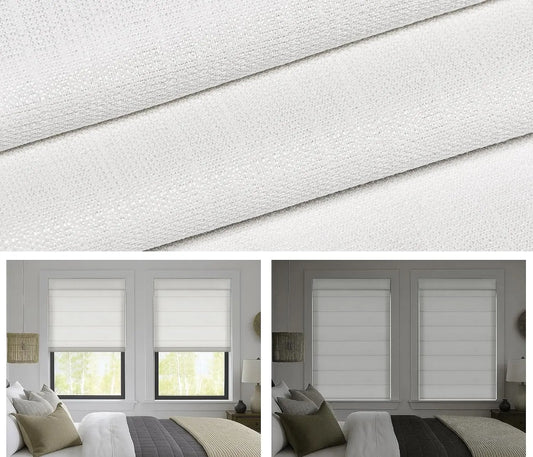 White textured roller blind fabric shown in a close-up texture view and installed in a modern bedroom setting with two side-by-side room views.